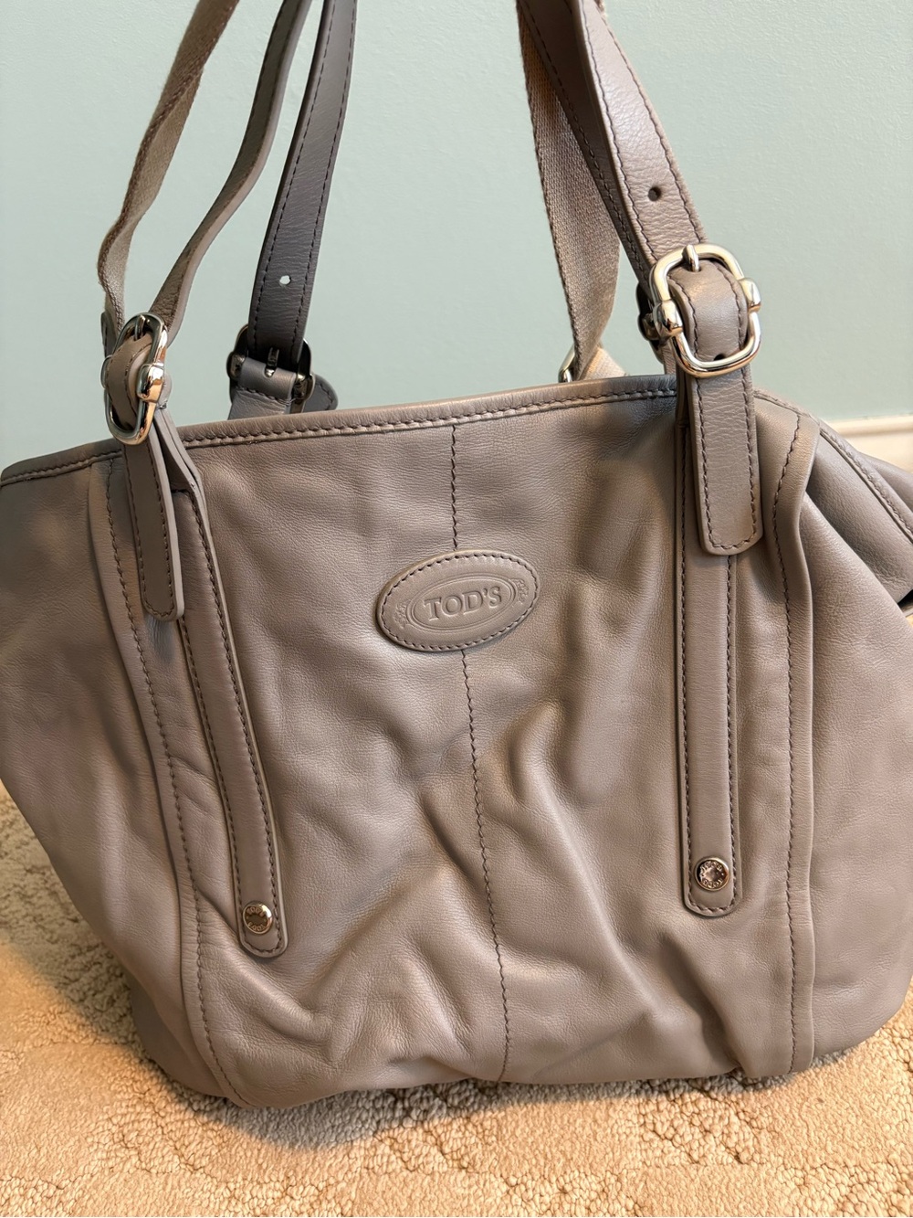 Tod's Taupe Leather Shoulder Tote with Double Straps